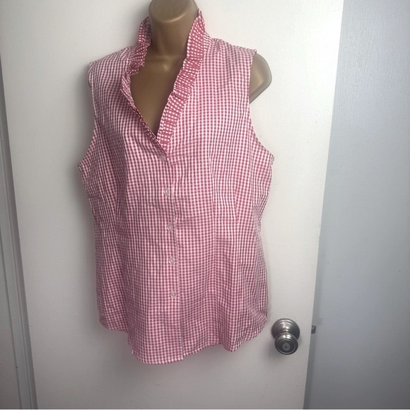 Tyler Boe Red White Gingham Cotton Button Down Ruffle Neck Sleeveless Top NWT 10 - Picture 3 of 16
